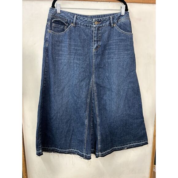 French‎ Cuff Denim Skirt Womens 12 Maxi Faded Western Boho Rockabilly - Picture 1 of 11